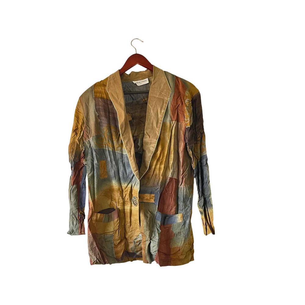 Casual Corner Vintage Abstract Patchwork Blazer Earth Tone Art to Wear Jacket‎